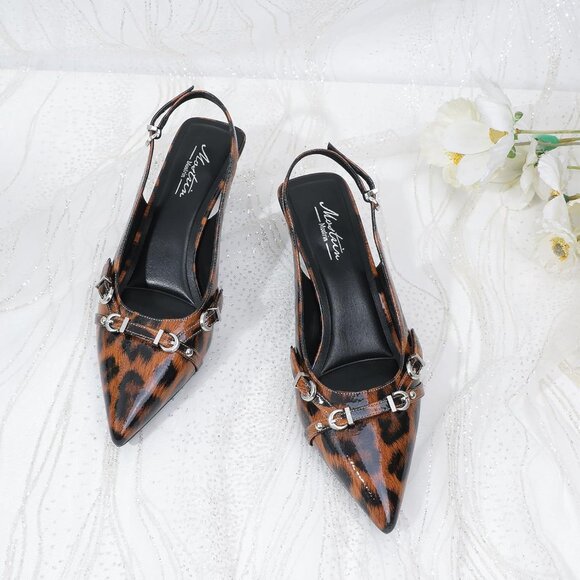 Women's Leopard Pointed Toe Pumps Patent Leather Slingback Heels With Buckle - Picture 9 of 9